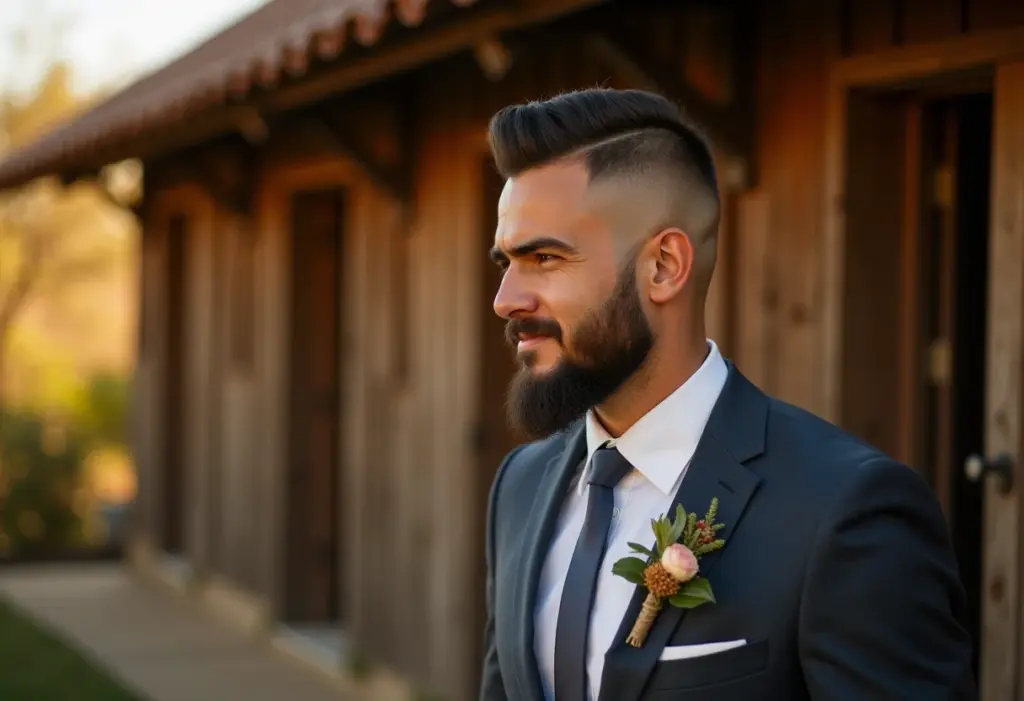 Penteado para noivo: 7 estilos que farão você arrasar! Noivo com undercut em casamento rústico no Brasil