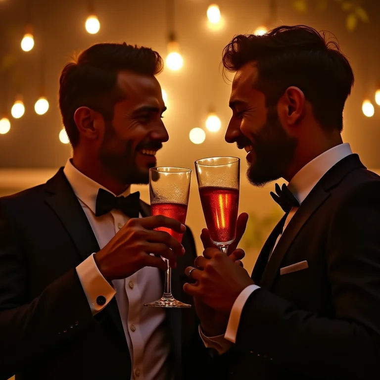 Noivo e padrinho brindando juntos durante a festa de casamento no Brasil