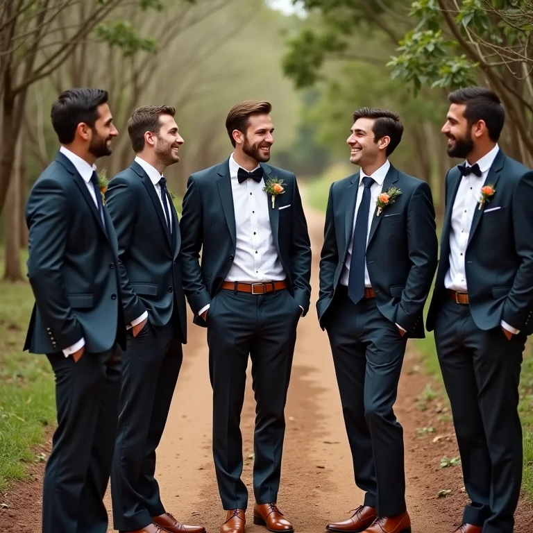 Noivo e padrinhos rindo em casamento no campo usando sapatos Derby.