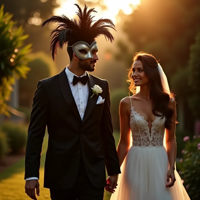 Noivo elegante com máscara veneziana em casamento ao ar livre no Brasil