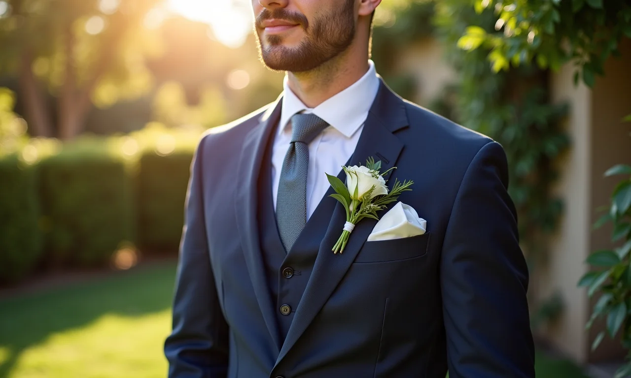 Noivo em terno italiano com gravata de seda em jardim ensolarado.