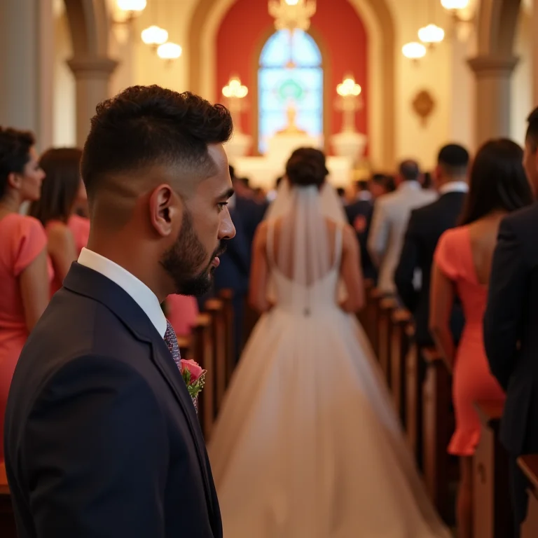 Noivo emocionado com coral cantando durante a entrada da noiva