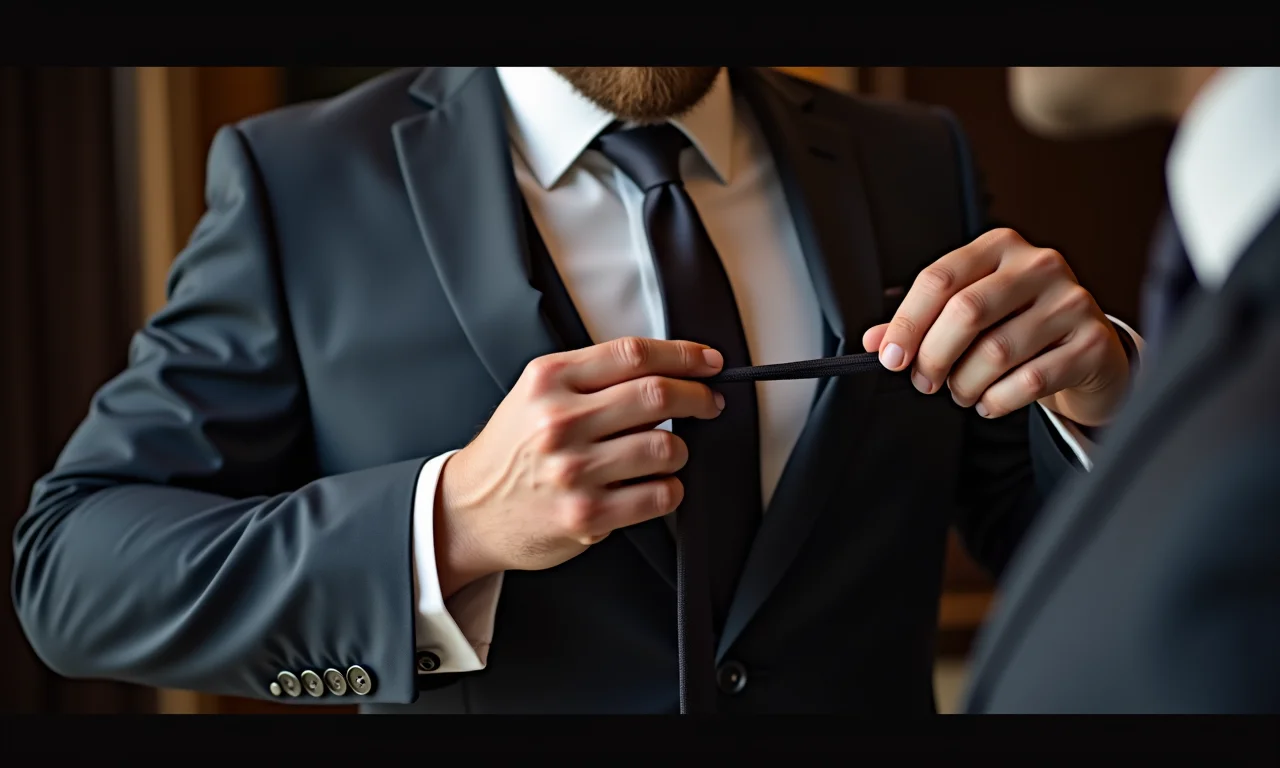 Noivo escolhendo gravata clássica em loja de alfaiataria.