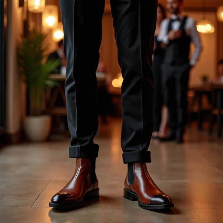 Noivo estiloso usando Chelsea Boots em festa de casamento moderna.