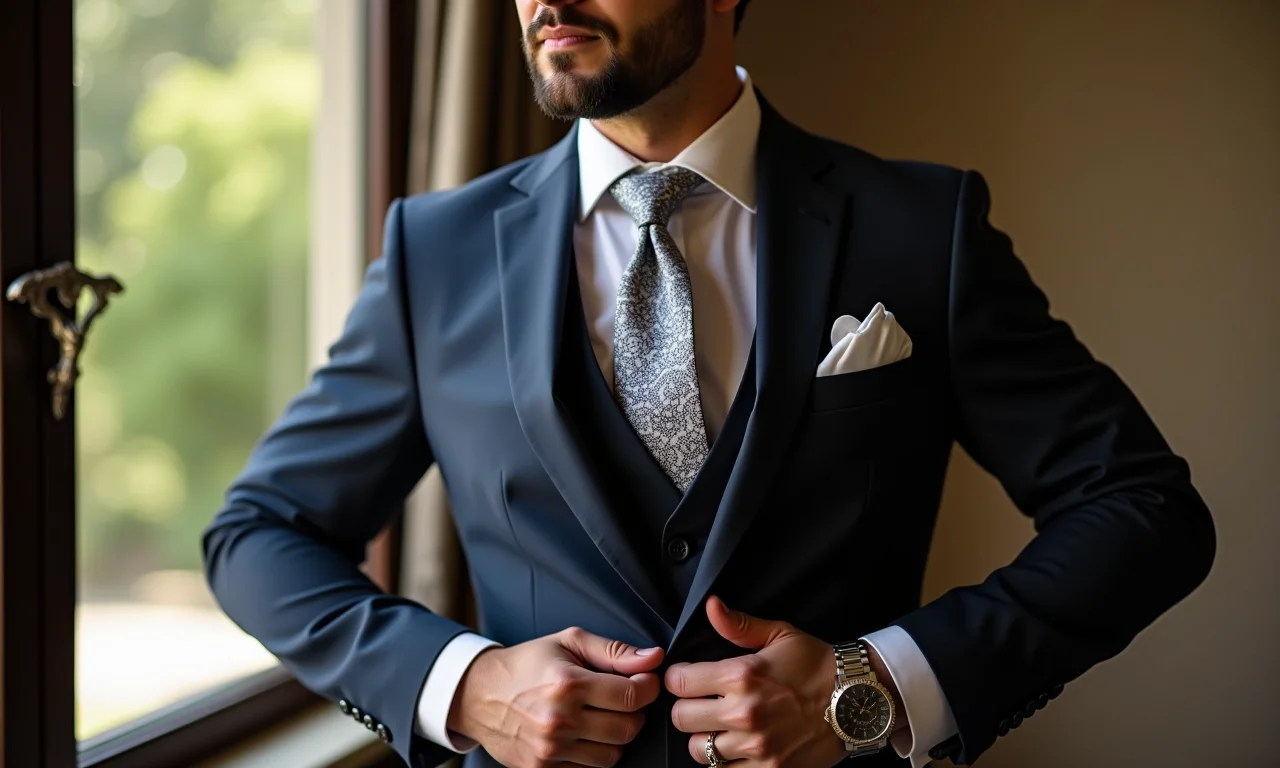 Noivo usando Camargo Alfaiataria com gravata estampada.