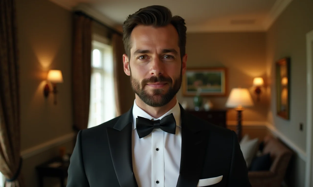 Noivo usando gravata borboleta em salão de baile elegante.