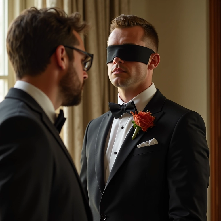 Noivo vendado aguarda surpresa da noiva no First Look criativo.