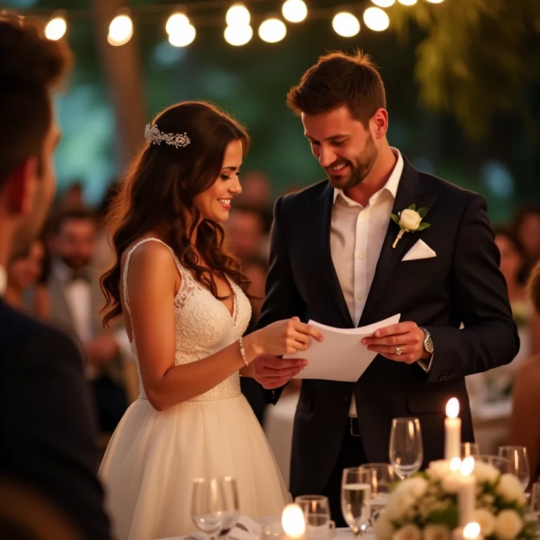 Noivos agradecendo publicamente aos padrinhos durante a festa