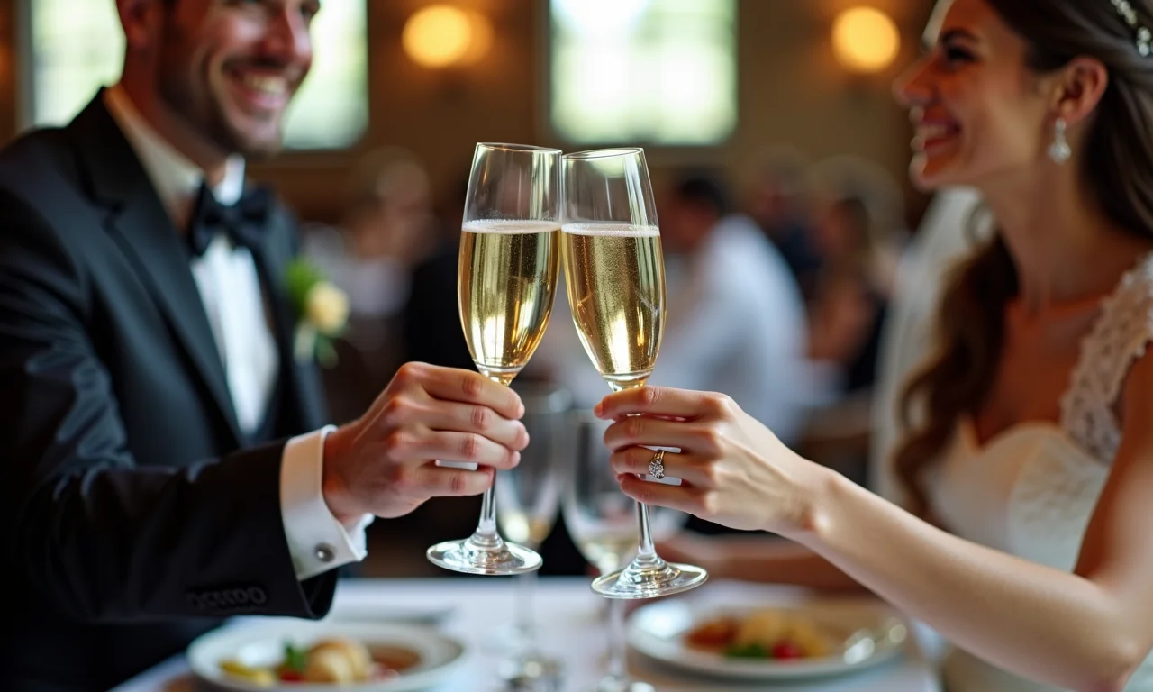 Noivos brindando com champanhe em casamento em restaurante.