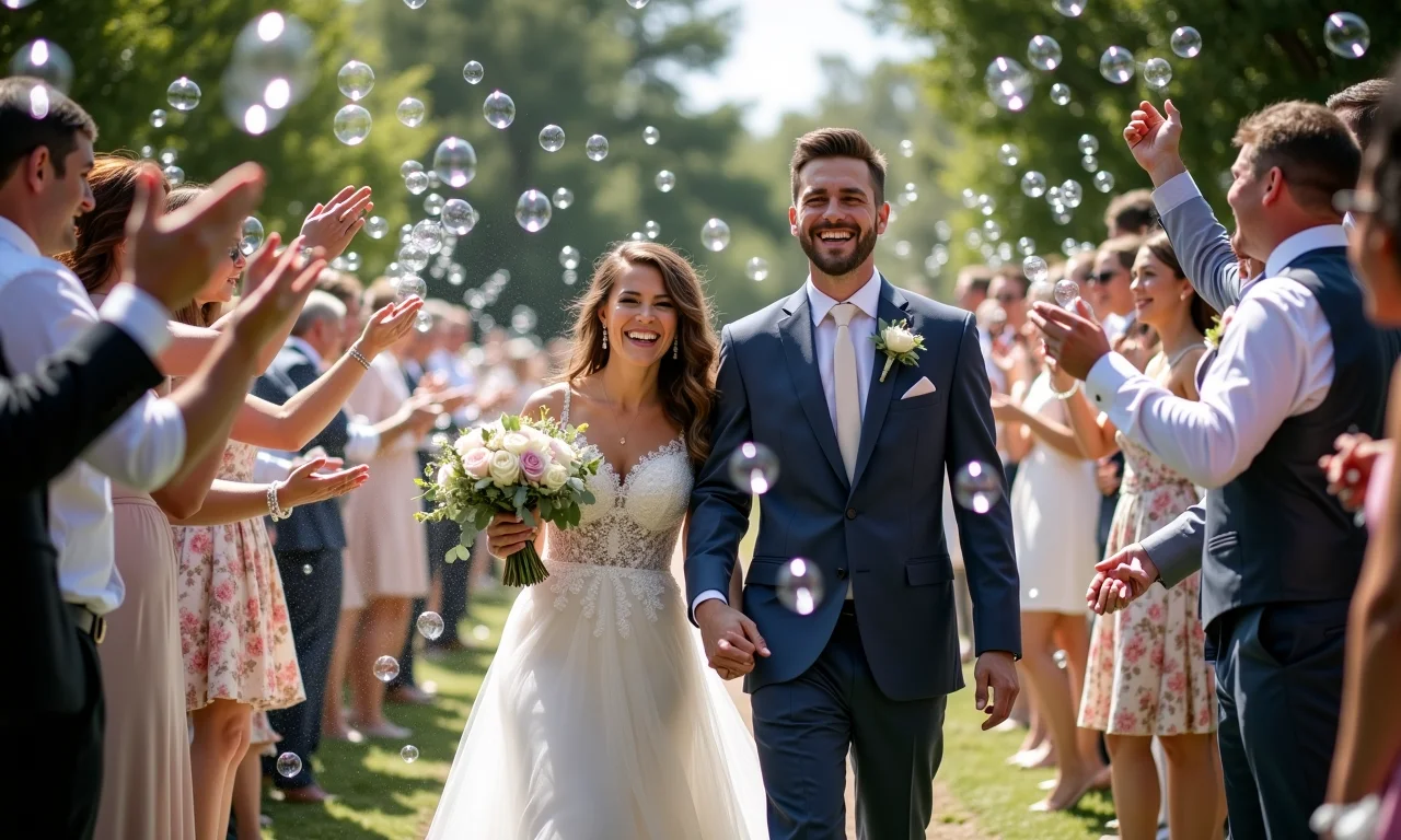 Noivos caminhando sob uma chuva de bolhas de sabão no cortejo de saída.