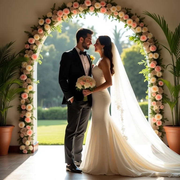 Noivos com trajes formais exibindo o estilo ideal de sapato.