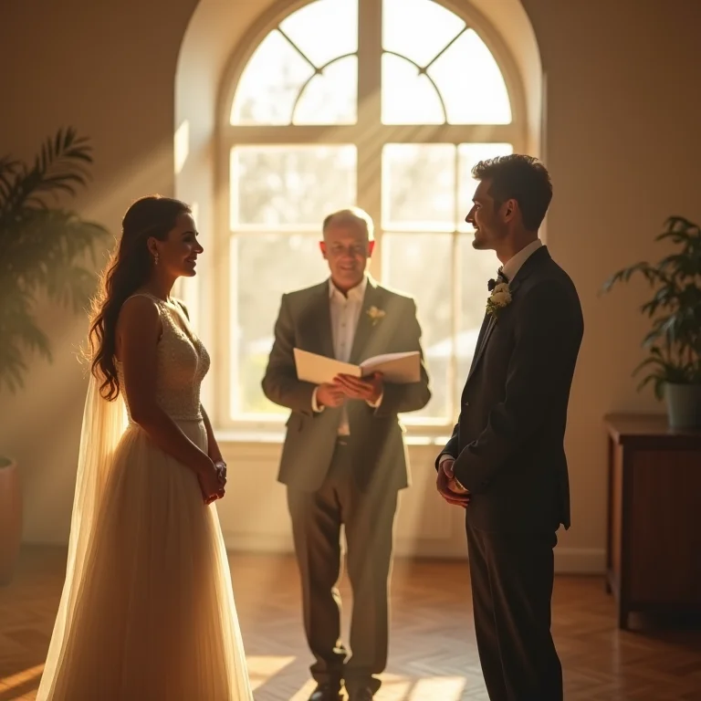 Noivos conversando com uma celebrante de casamento em um ambiente iluminado
