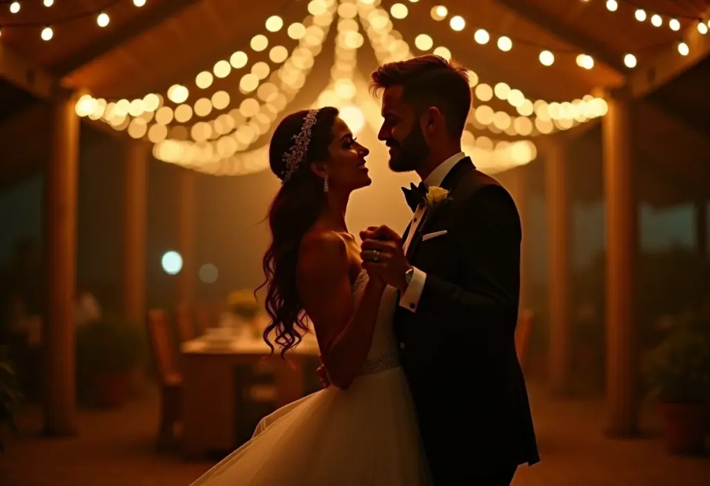 Valsa dos noivos: 5 músicas emocionantes para o grande dia Noivos dançando valsa sob luzes suaves em casamento brasileiro