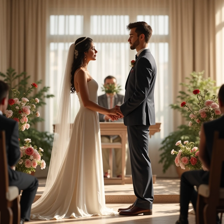 Noivos de diferentes religiões durante cerimônia ecumênica.