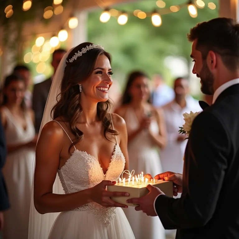 Noivos entregando presentes de agradecimento aos padrinhos