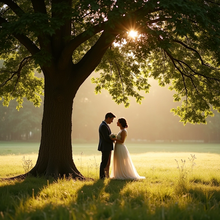 Noivos escolhendo local ideal sob árvore para casamento piquenique.