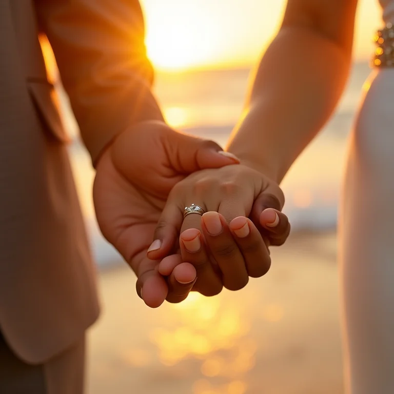 Noivos exibindo pele radiante e alianças em casamento na praia.