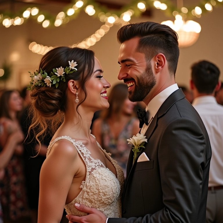 Noivos felizes em recepção de casamento de primavera com decoração Farm Rio