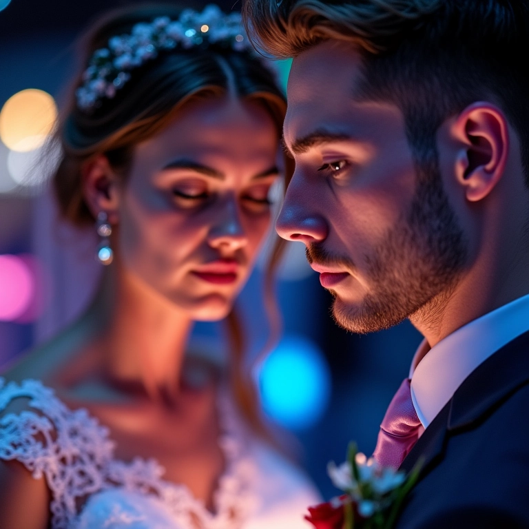 Noivos olhando móveis de LED em feira.