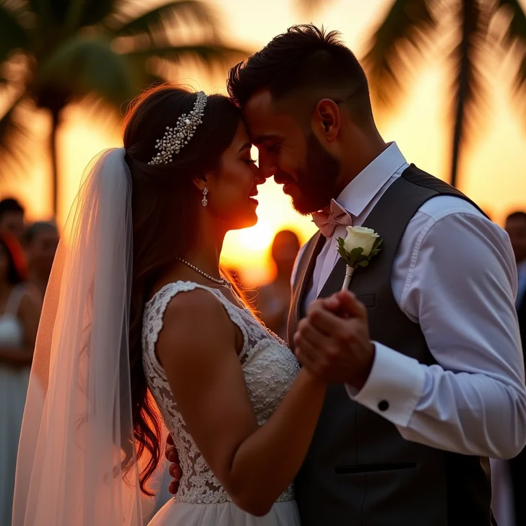 Noivos se abraçando durante a primeira dança ao som de 'Can't Help Falling in Love'