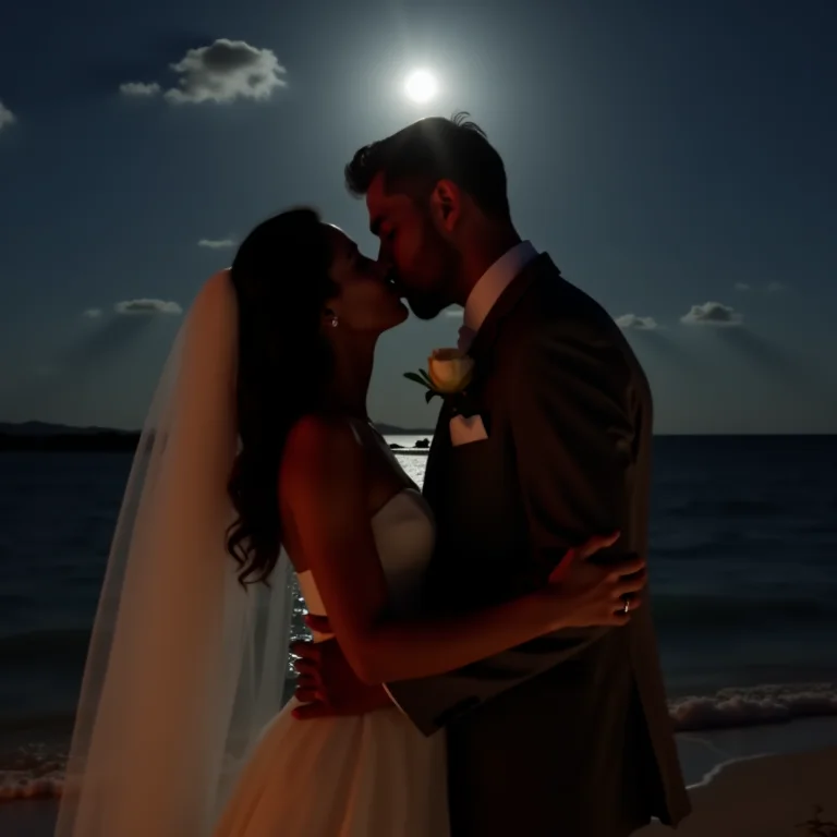 Noivos se beijando sob a luz da lua durante a primeira dança ao som de 'At Last'