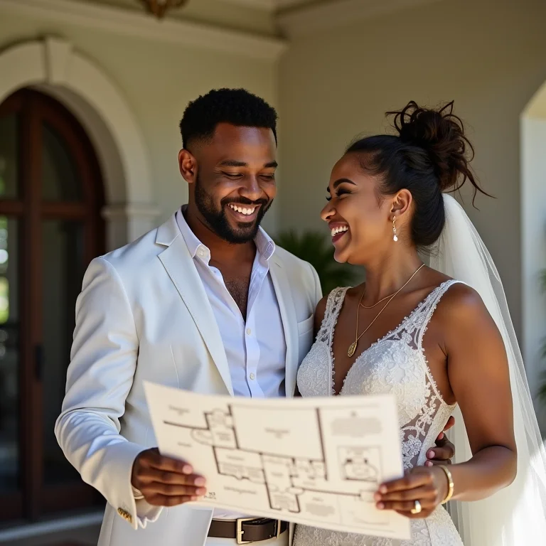Noivos sorrindo durante visita técnica ao local do casamento