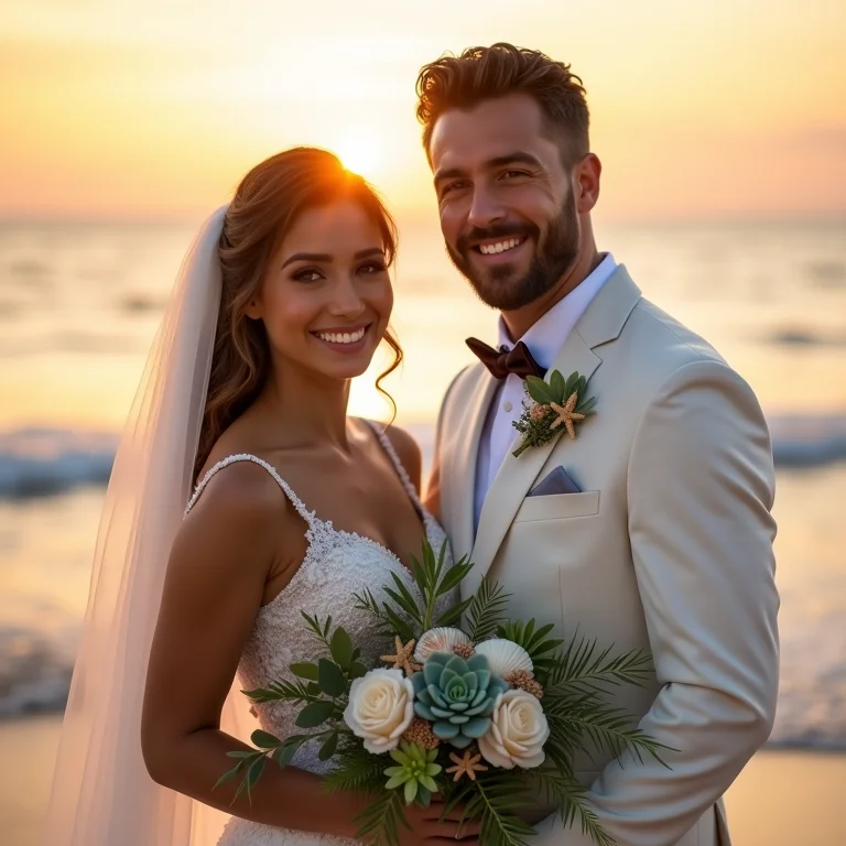 Noivos sorrindo na praia com buquê temático de suculentas