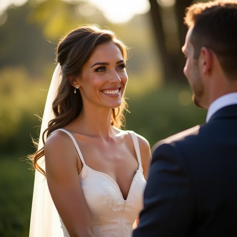 Noivos sorrindo para sua celebrante de casamento