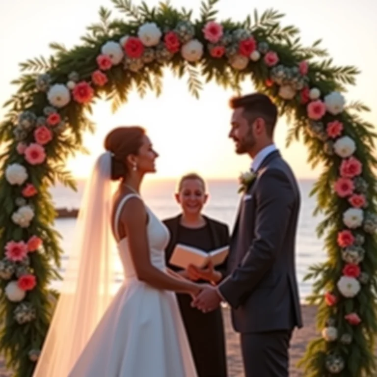 Noivos trocando votos com arco floral e coral ao fundo
