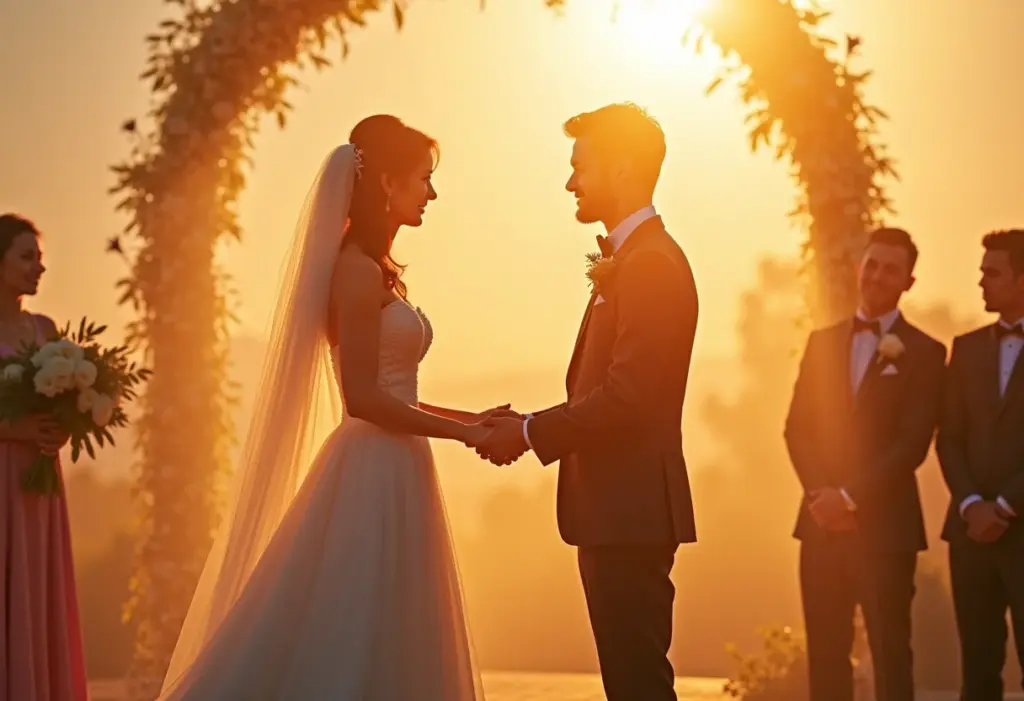 Noivos trocando votos em um casamento de luxo ao pôr do sol