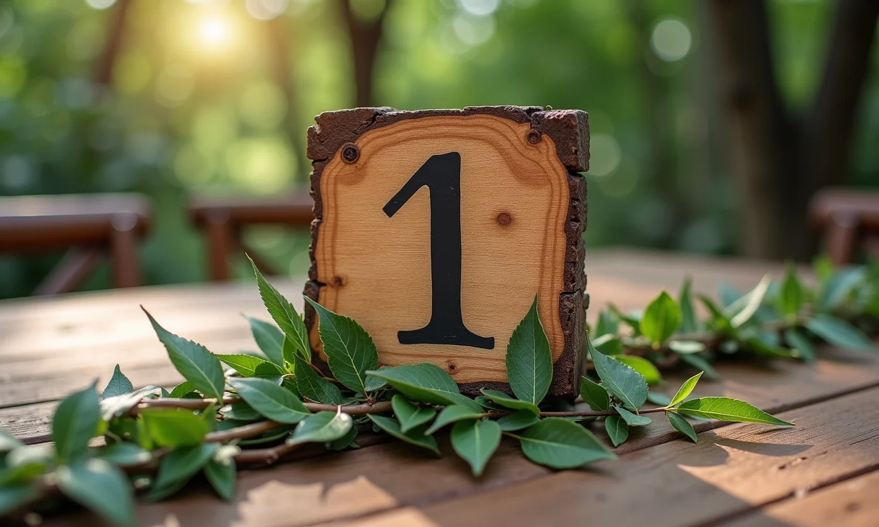 Numeração de mesa rústica com elementos naturais.