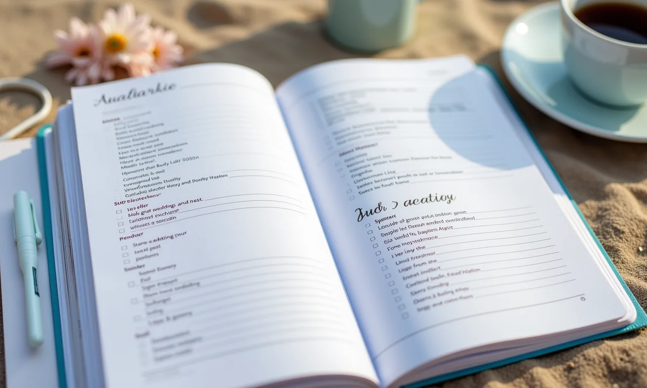 Organizador de casamento planejando os detalhes para um casamento na praia, notebook e checklist.