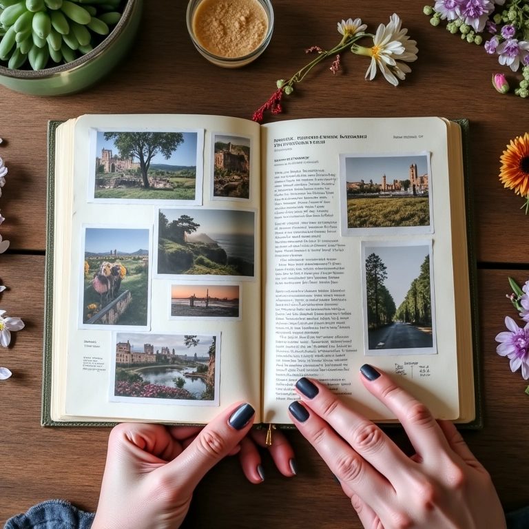 Organizando um diário de viagem com fotos e lembranças.
