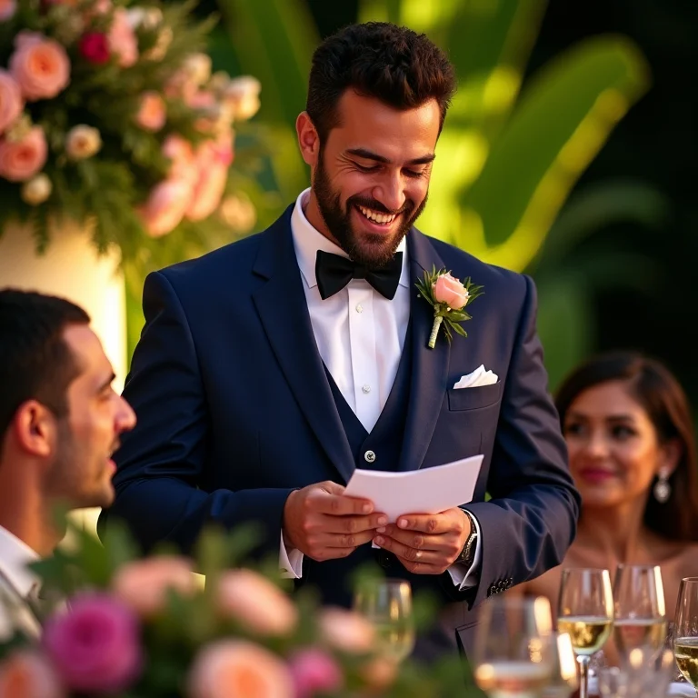 Padrinho emocionado discursando durante a recepção de casamento no Brasil