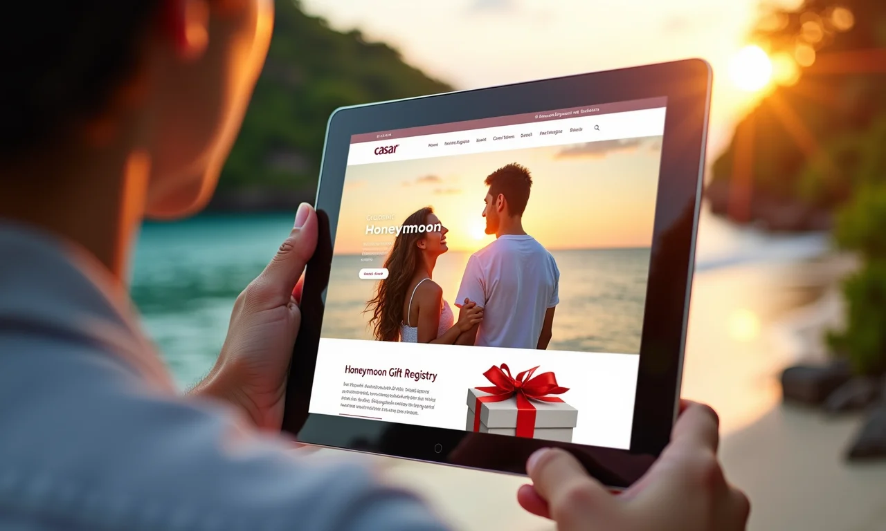 Página de lista de presentes de lua de mel no site Casar.com em um tablet.