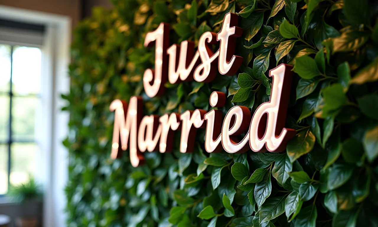 Painel de folhagens com placa 'Recém Casados' personalizada.