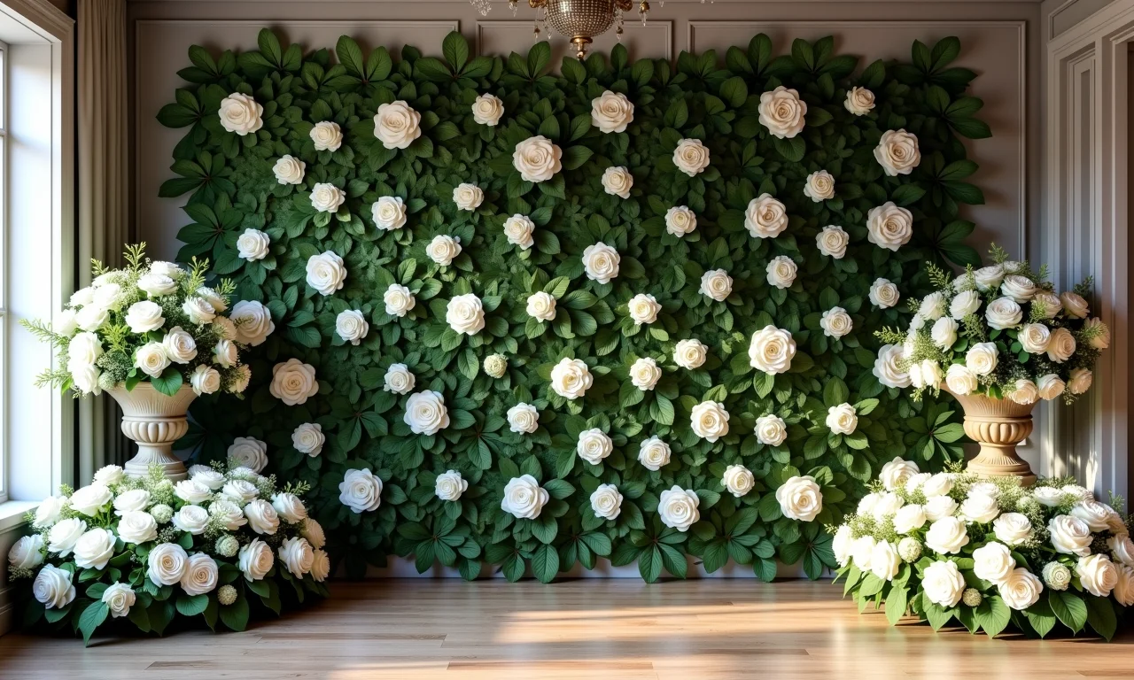 Painel de folhagens com rosas brancas em casamento.
