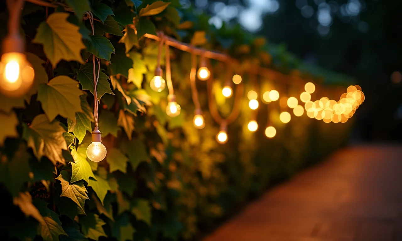 Painel de folhagens iluminado com luzes em um casamento.