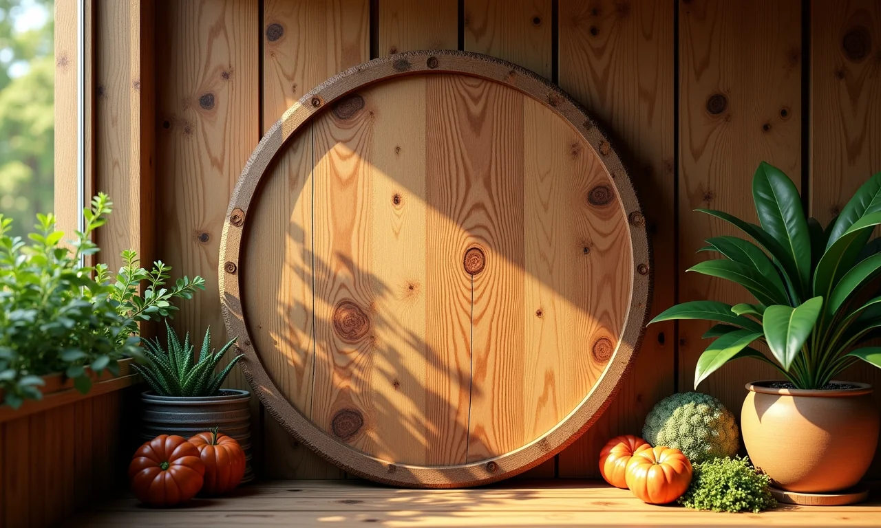 Painel redondo rústico com textura de madeira.