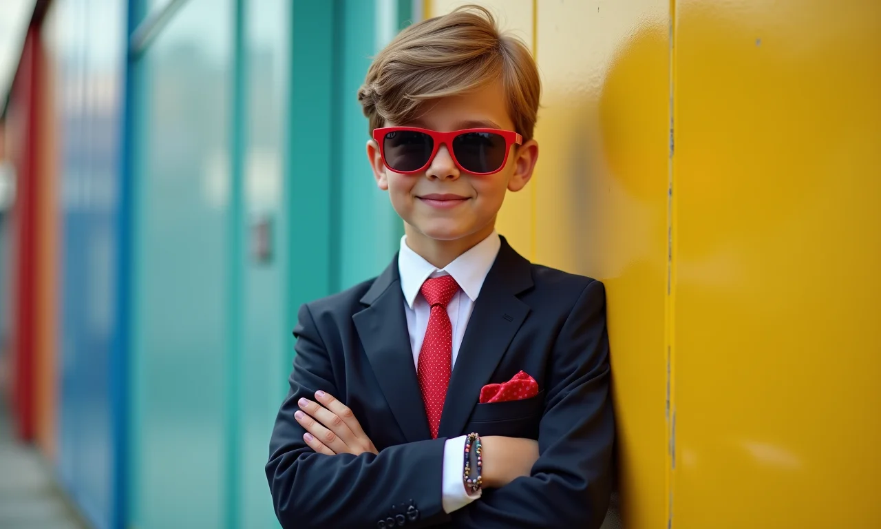 Pajem estiloso com terno moderno em cenário urbano.