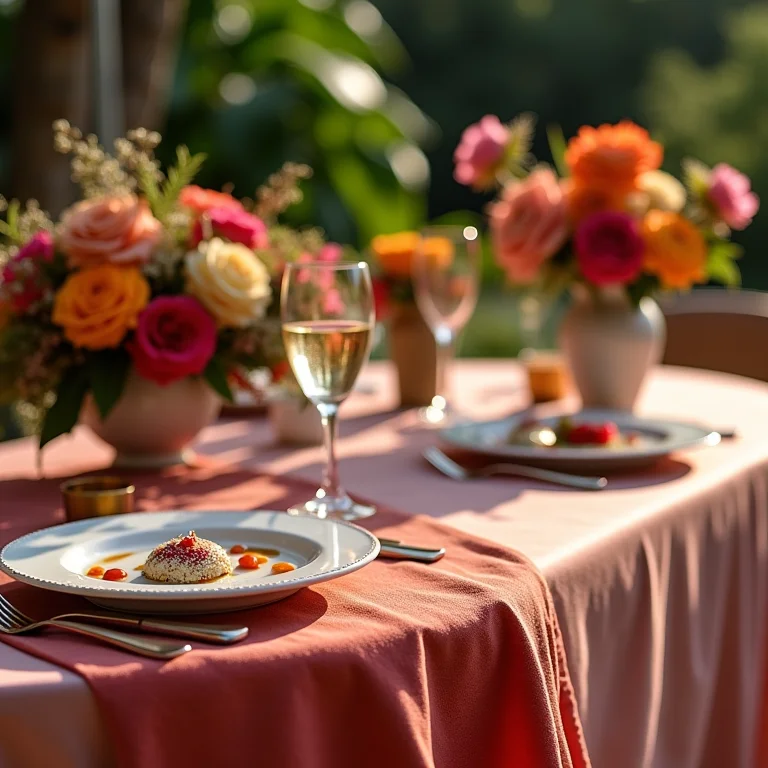 Paleta de cores em pufes, mesas bistrô e arranjos florais