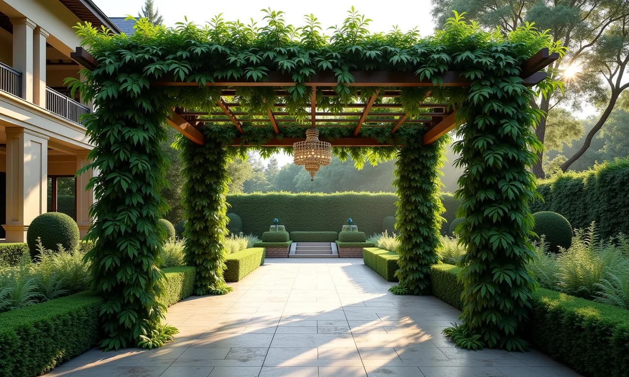 Pergolado com decoração elegante de folhagens.