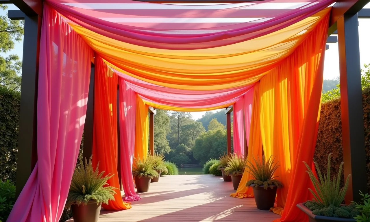 Pergolado com tecidos coloridos vibrantes.