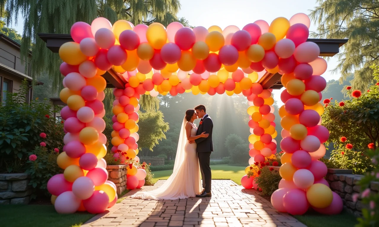 Pergolado decorado com balões coloridos.