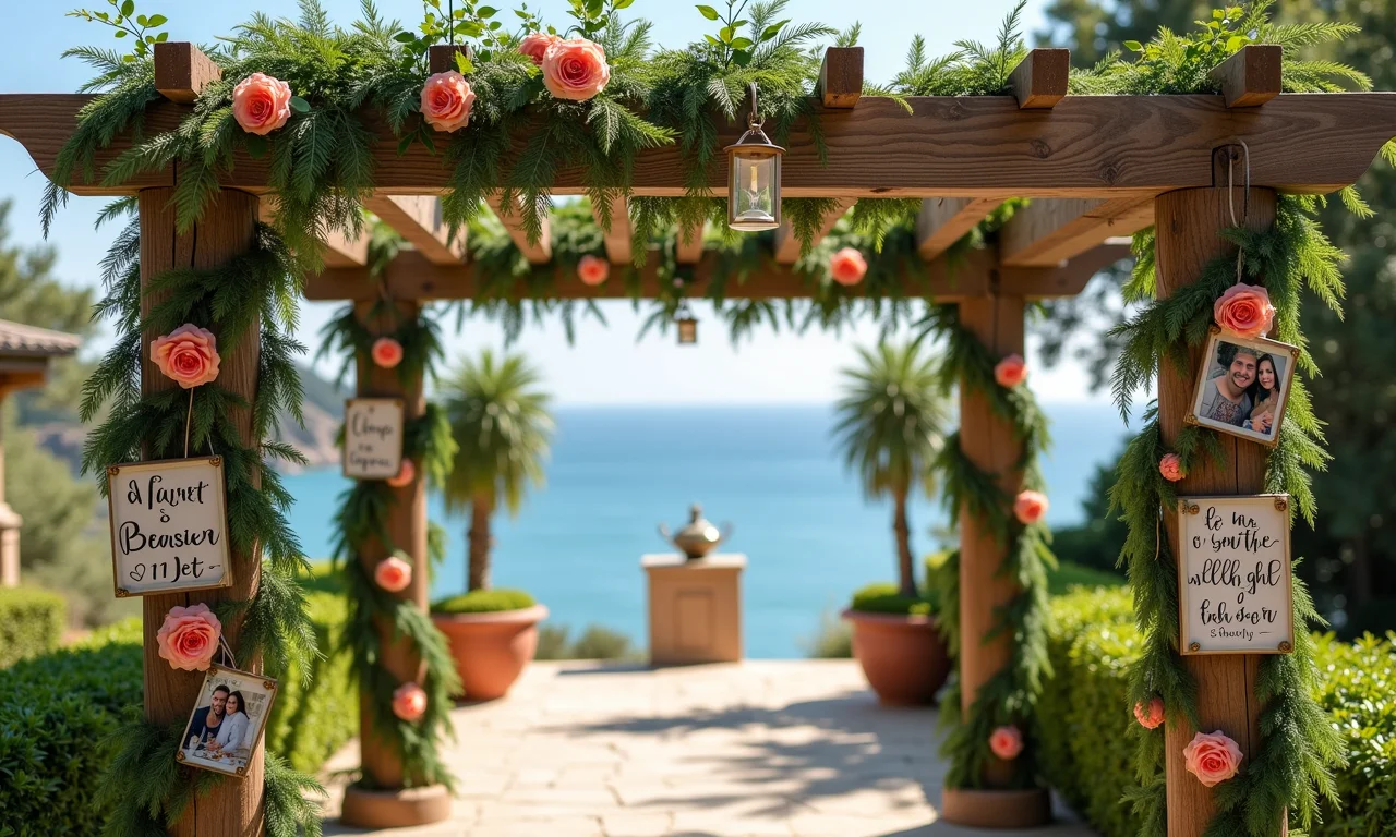 Pergolado decorado com fotos e objetos pessoais.