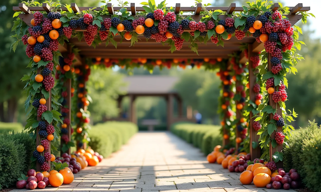 Pergolado decorado com frutas frescas.