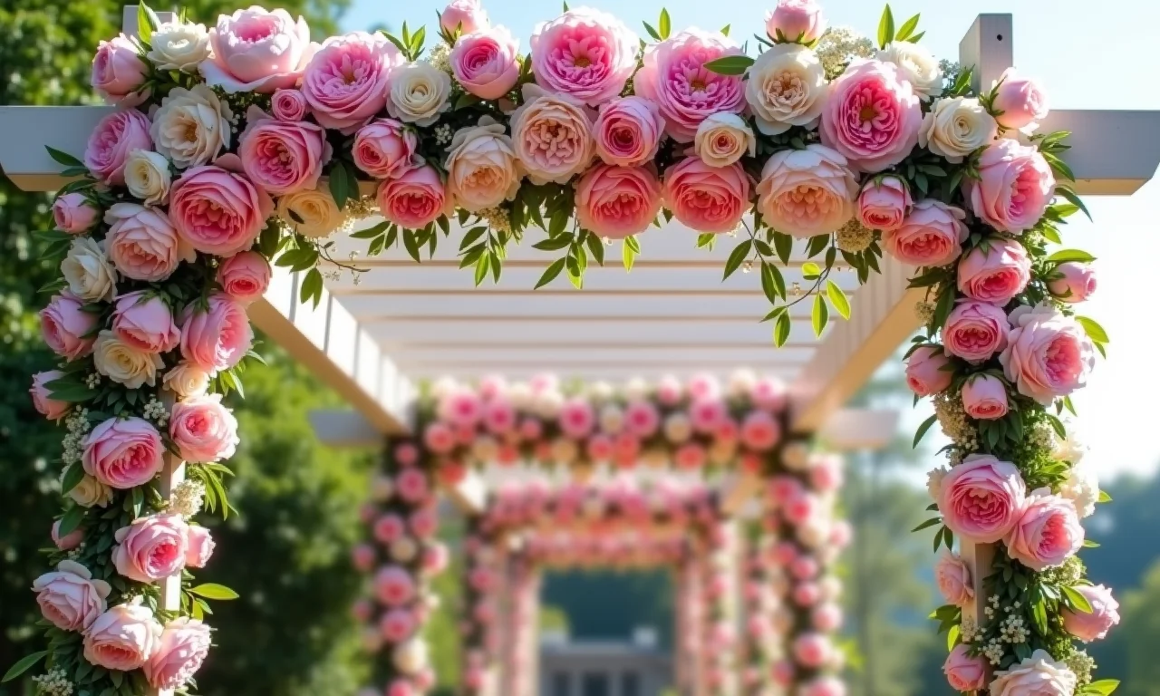 Pergolado decorado com rosas e outras flores românticas.