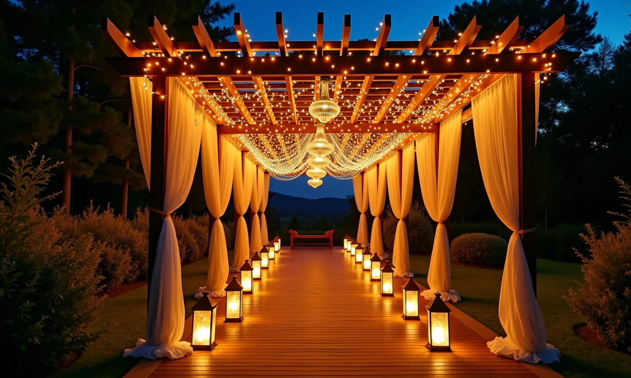 Pergolado iluminado com luzes e lanternas.