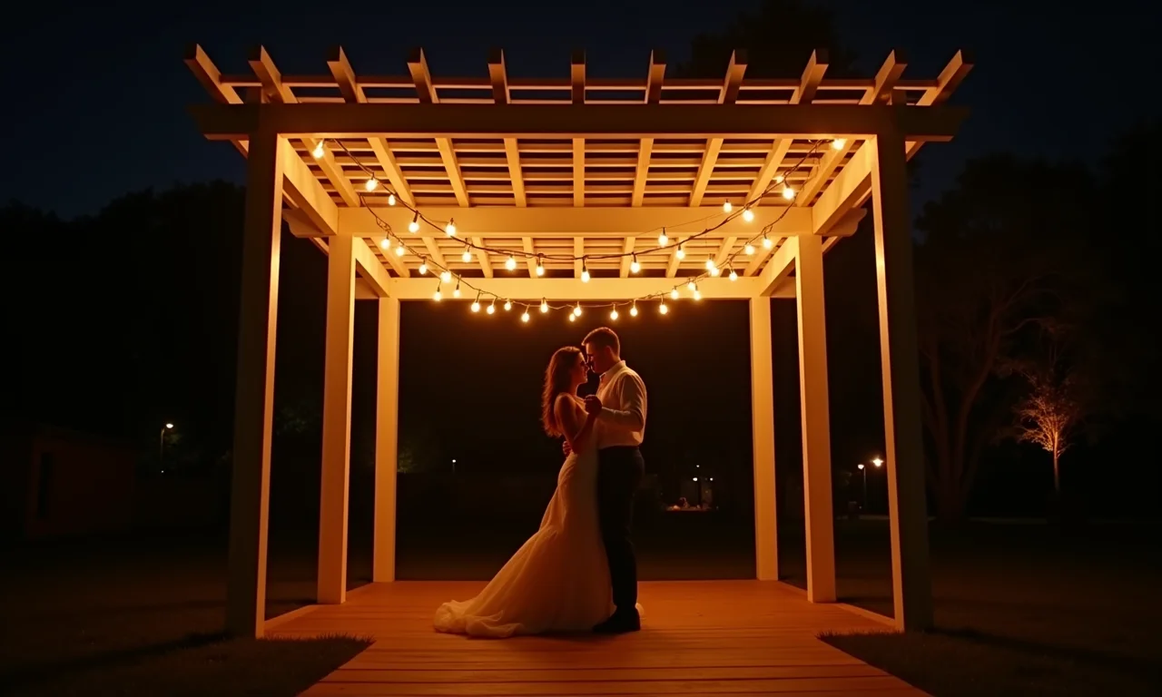 Pergolado iluminado para um casamento noturno.