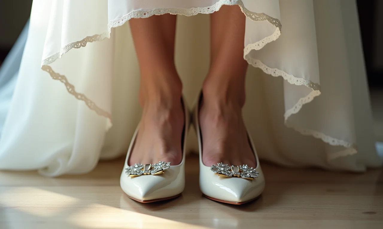Pés da noiva usando sapatos estilosos com um vestido de noiva midi, close-up.
